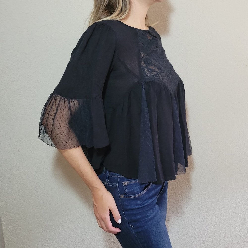 Juniors Black Boho Top Small Peasant 3/4 Raglan Sleeve Womens Flowy Tulle Lace - Picture 4 of 7
